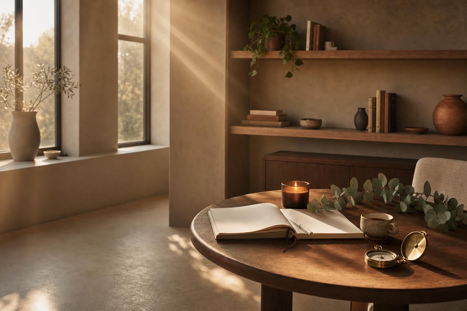 Warmer Morgenraum mit offenem Journal, Kerze und Kompass — Sinnbild für Klarheit und Struktur